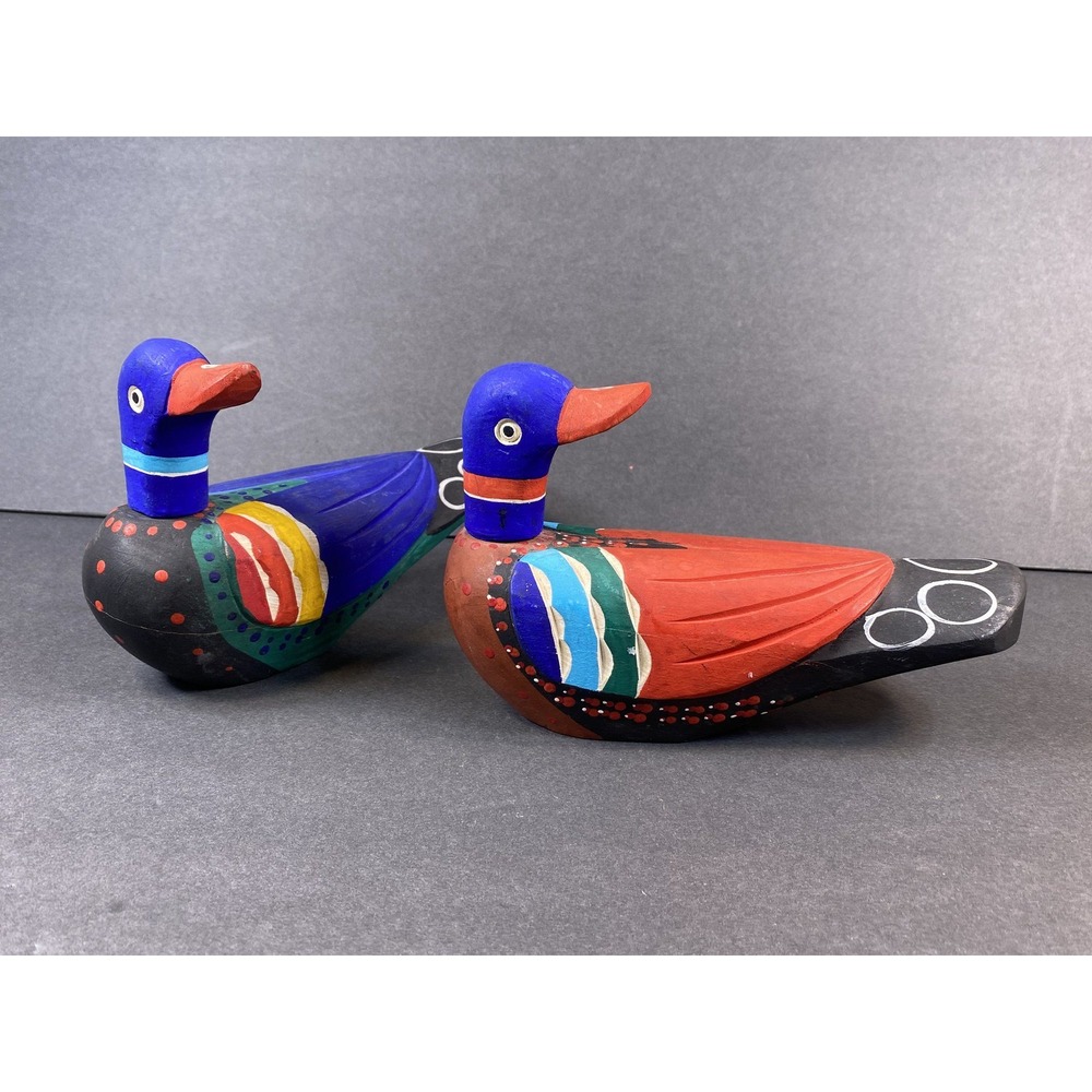 Korean Wedding Ducks Pair Vintage Hand Carved Painted Wood Folk Art Figurines